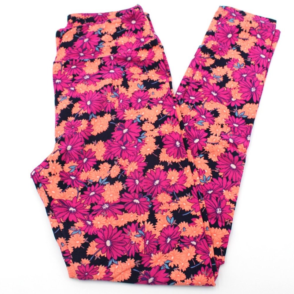 LuLaRoe LLR Leggings One Size OS Buttery Soft & Comfy EUC Orange Purple Flowers